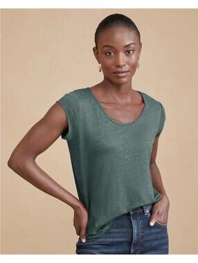 Garnet Hill Organic Linen Soft Jersey Knit Cap Sleeve Relaxed Tee Green Sz Small
